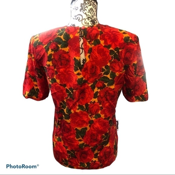 Carlisle red rose pattern silk top. 80’s Vintage - Picture 3 of 5